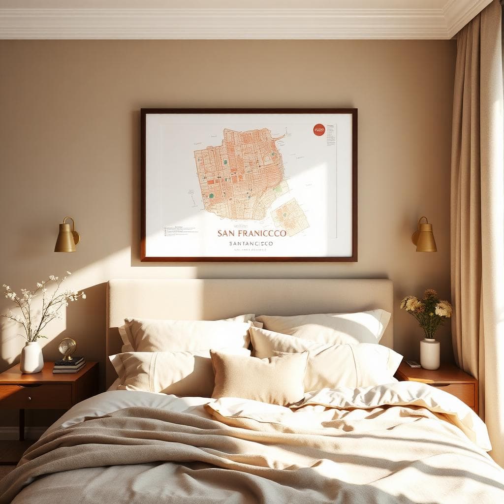 Map poster in a cozy bedroom with warm lighting