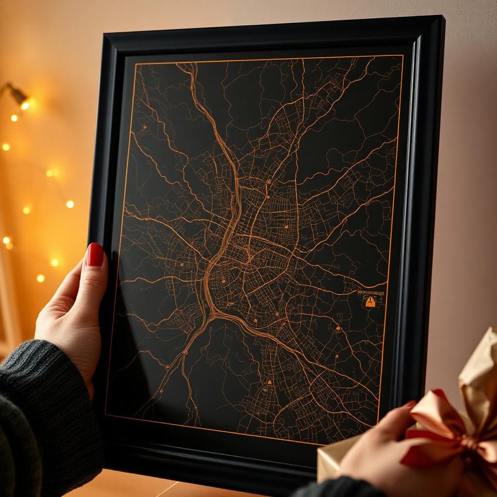 Close-up of a premium framed map poster being unwrapped as a gift